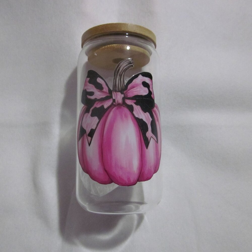 Pink Pumpkin 16oz Glass Can Cup.